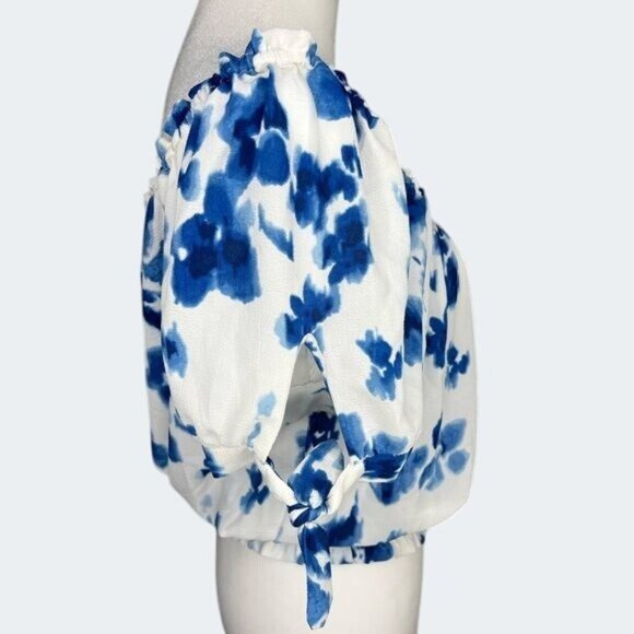 Michael Michael Kors Blue & White Floral Off-Shoulder Blouse Medium - Picture 8 of 11